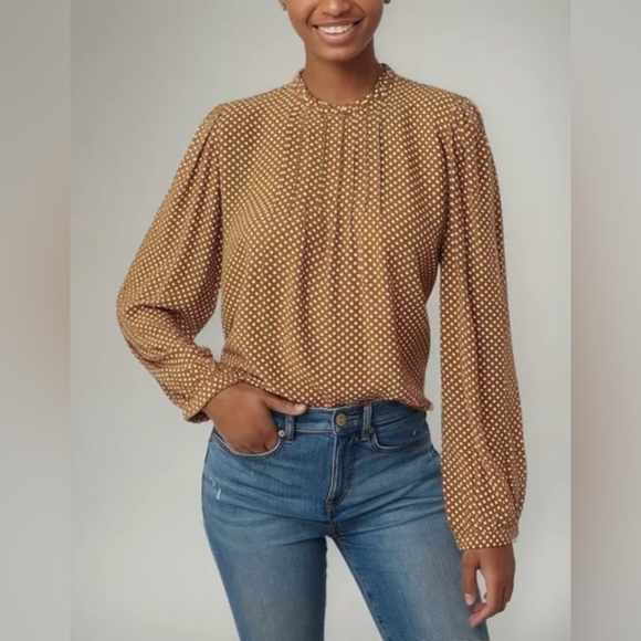 LOFT Tops - LOFT Polka Dot Ruffle Neck Long Sleeve Blouse